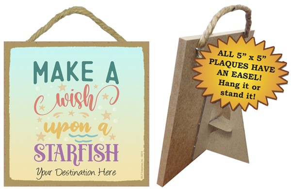 Make a wish upon a starfish / Beach themed 5" x 5" wood plaque with easel on bac