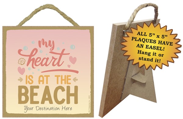My heart is at the beach / Beach themed 5" x 5" wood plaque with easel on back