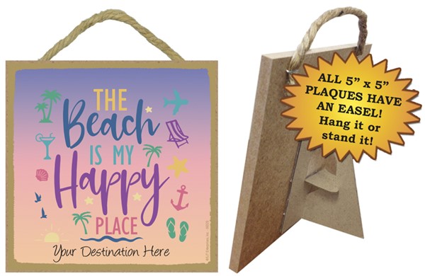 The beach is my happy place / Beach themed 5" x 5" wood plaque with easel on bac