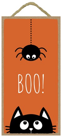 Boo  Spider coming down at black cat  / Autumn / Halloween themed 5" x 10" wood
