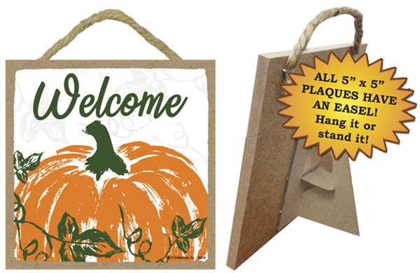 Welcome  pumpkin drawing / Autumn / Halloween themed 5" x 5" wood plaque