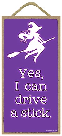 Yes, I can drive stick  witch broom  / Autumn / Halloween themed 5" x 10" wood p