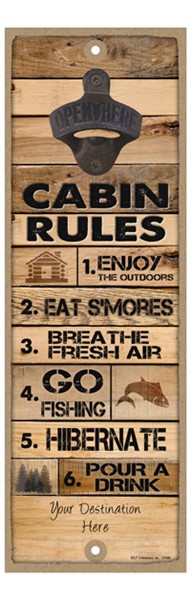 Cabin Rules Black text w/wood bkgd  Plank style bottle opener wood plaque / sign