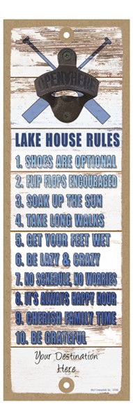 Lake House Rules  110  white bkgd w/blue letters  Plank style bottle opener wood