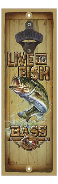 Live to fish  Bass bottle opener wood plaque / sign