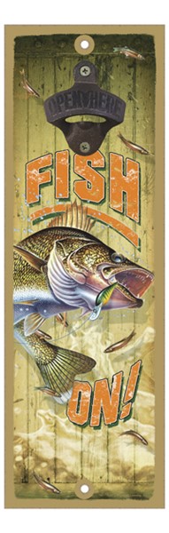 Fish on  fish with lure in its mouth  bottle opener wood plaque / sign