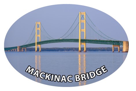 Mackinac Bridge at night - Blue and White text