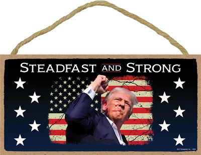 Trump - STEADFAST AND STRONG (blood on his face and fist lifted, cracked flag