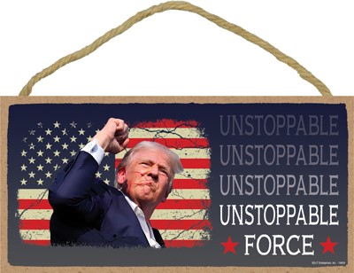 Trump - UNSTOPPABLE FORCE (blood on his face and fist lifted, cracked flag