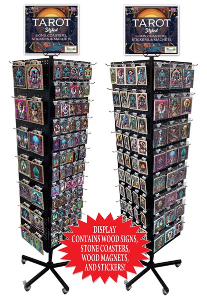 1- TAROT CARD ARTWORK DISPLAY: plaques, magnets and stickers w/metal floor disp