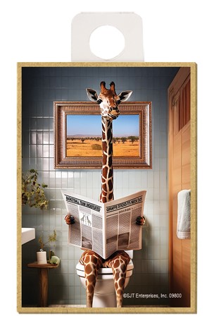 Giraffe - sitting on the toilet reading a newspaper / wood fridge magnet