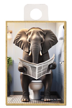 Elephant - sitting on the toilet reading a newspaper / wood fridge magnet
