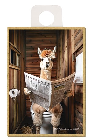 Alpaca - sitting on the toilet reading a newspaper / wood fridge magnet