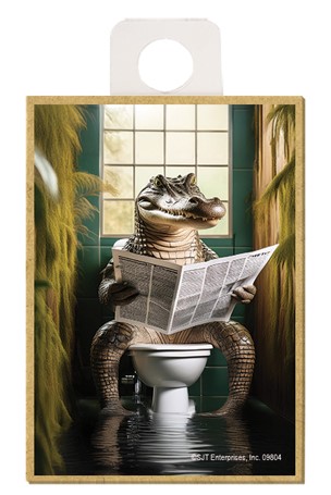 Alligator - sitting on the toilet reading a newspaper / wood fridge magnet