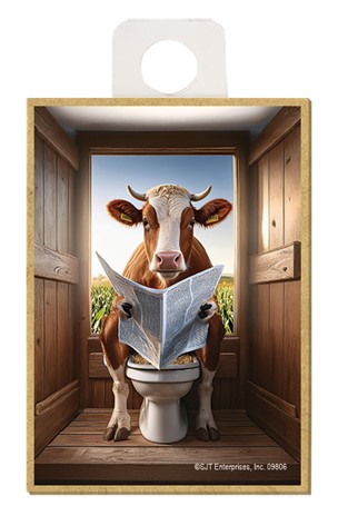 Cow - sitting on the toilet reading a newspaper / wood fridge magnet