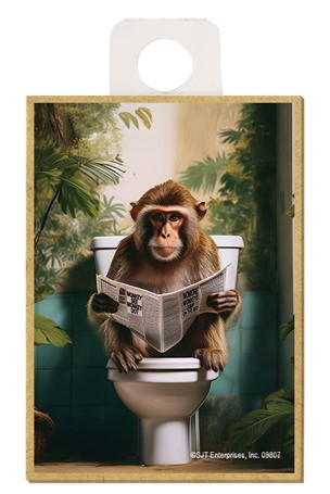 Macaque (Monkey) - sitting on the toilet reading newspaper / wood fridge magnet