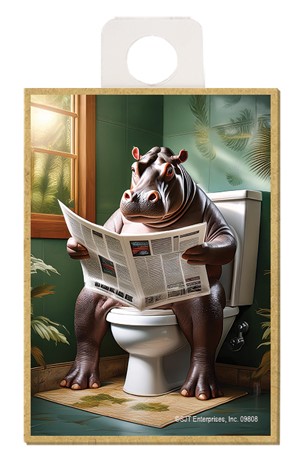 Hippo - sitting on the toilet reading newspaper / wood fridge magnet