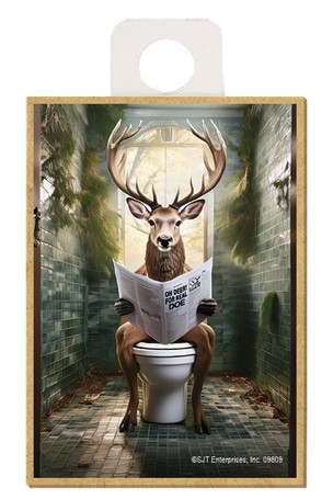 Buck Deer - sitting on the toilet reading newspaper / wood fridge magnet