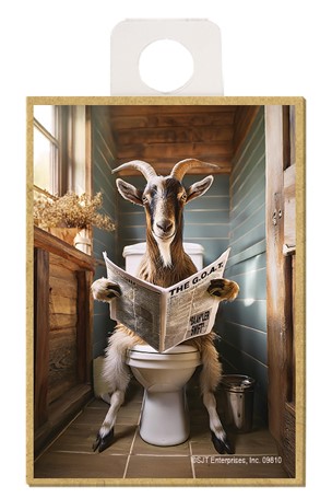 Goat - sitting on the toilet reading newspaper / wood fridge magnet