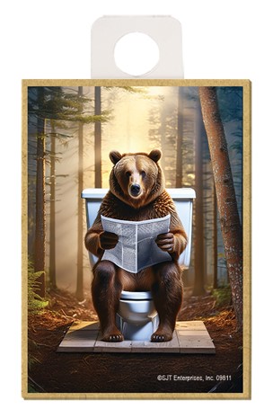 Brown Bear - sitting on the toilet reading newspaper / wood fridge magnet