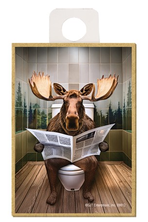 Moose - sitting on the toilet reading newspaper / wood fridge magnet