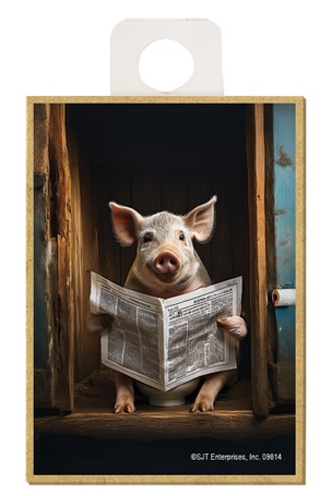 Pig - sitting on the toilet reading newspaper / wood fridge magnet