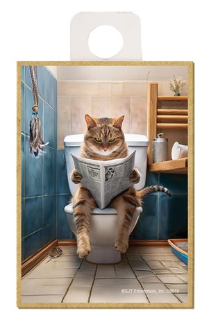 Cat (Brown tabby) - sitting on the toilet reading newspaper / wood fridge magnet