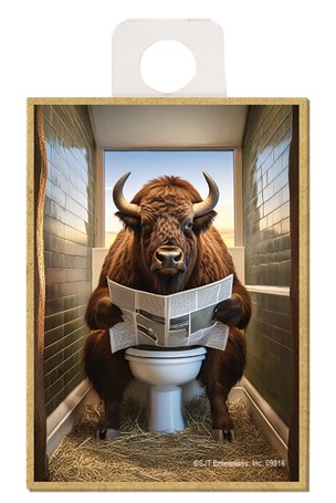 Bison - sitting on the toilet reading newspaper / wood fridge magnet