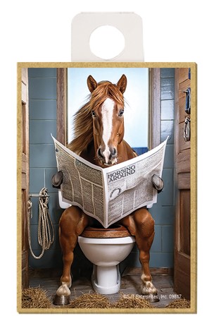 Horse - sitting on the toilet reading newspaper / wood fridge magnet