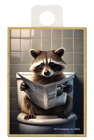 Raccoon - sitting on the toilet reading newspaper / wood fridge magnet