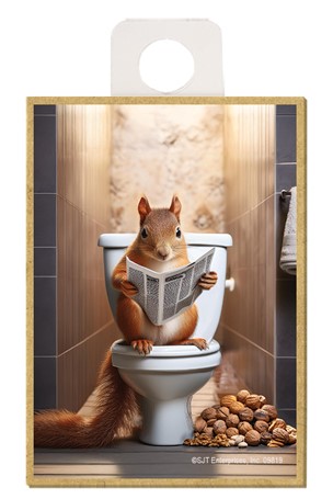 Squirrel - sitting on the toilet reading newspaper / wood fridge magnet