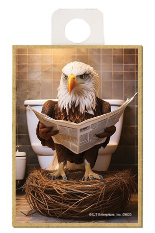 Bald Eagle - sitting on the toilet reading a newspaper / wood fridge magnet
