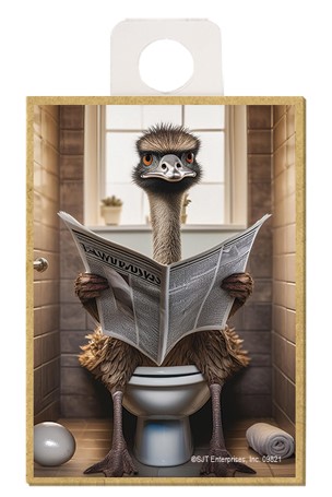 Ostrich - sitting on the toilet reading a newspaper / wood fridge magnet