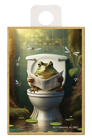 Bullfrog - sitting on the toilet reading a newspaper / wood fridge magnet