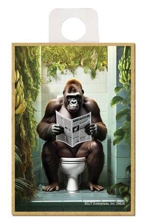 Gorilla - sitting on the toilet reading a newspaper / wood fridge magnet