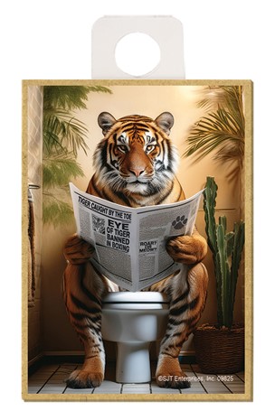 Tiger - sitting on the toilet reading a newspaper / wood fridge magnet