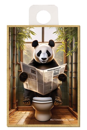 Panda - sitting on the toilet reading a newspaper / wood fridge magnet