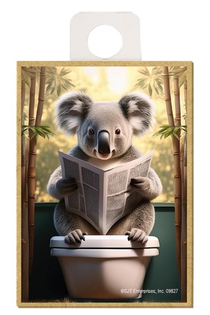 Koala - sitting on the toilet reading a newspaper / wood fridge magnet