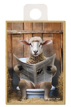 Sheep - sitting on the toilet reading a newspaper / wood fridge magnet
