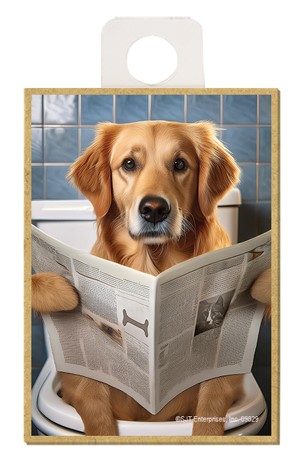 Golden Retriever - sitting on the toilet reading a newspaper / wood fridge magne