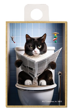 Cat (tuxedo) - sitting on the toilet reading a newspaper / wood fridge magnet