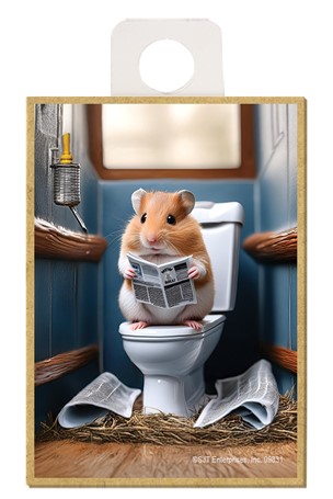 Hamster - sitting on the toilet reading a newspaper / wood fridge magnet