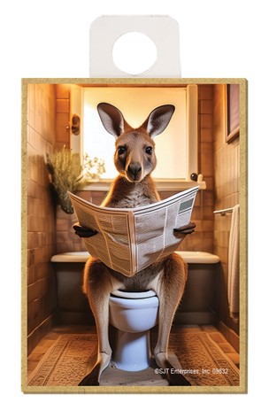 Kangaroo - sitting on the toilet reading a newspaper / wood fridge magnet