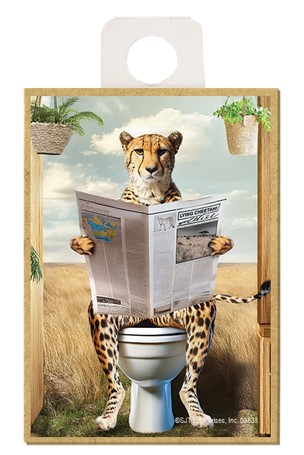 Cheetah - sitting on the toilet reading a newspaper / wood fridge magnet
