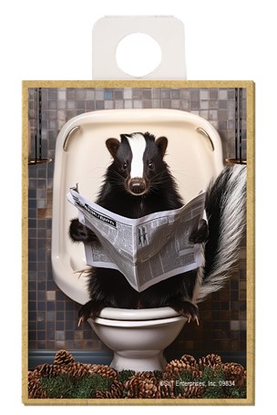 Skunk - sitting on the toilet reading a newspaper / wood fridge magnet