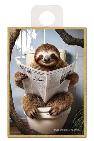 Sloth - sitting on the toilet reading a newspaper / wood fridge magnet