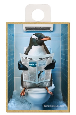 Penguin - sitting on the toilet reading a newspaper / wood fridge magnet