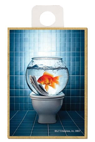 Goldfish (in bowl) - sitting on the toilet reading a newspaper / wood fridge mag