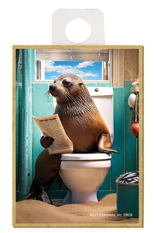 Sea Lion - sitting on the toilet reading a newspaper / wood fridge magnet