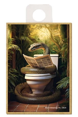 Snake - sitting on the toilet reading a newspaper / wood fridge magnet